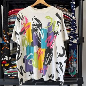 Vintage 90s White Abstract Art All Over Print Graphic T-Shirt OSFA